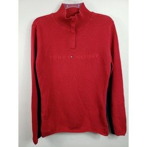 TOMMY HILFIGER WOMEN'S SZ L RED 1/4 snap  RIB KNIT COTTON SPELLOUT SWEATER
